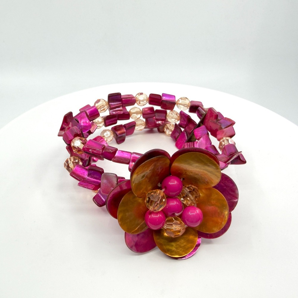 Fuchsia Pink Shell Flower Chunky Boho Bracelet Elastic Bangle 7.2in
